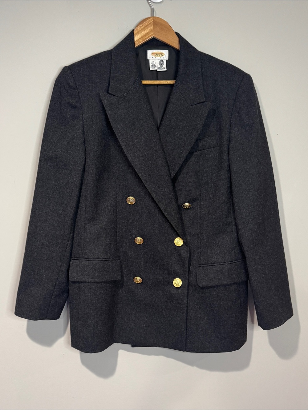 Talbots Vintage Women’s Grey Double Breasted Wool Blazer Gold Buttons Size 14P
